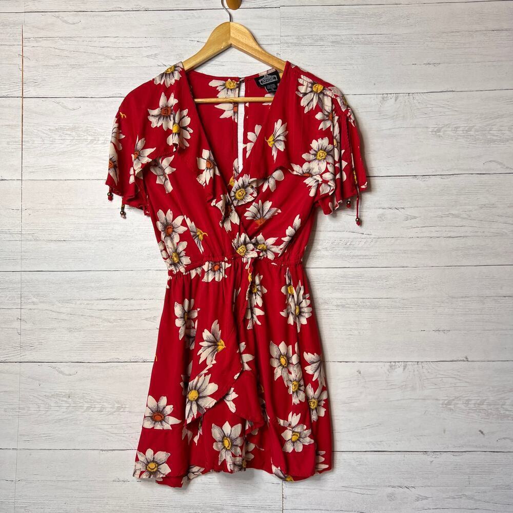 Angie Romper Womens Size Small Red Floral Faux Wrap Spring Summer Colorful
